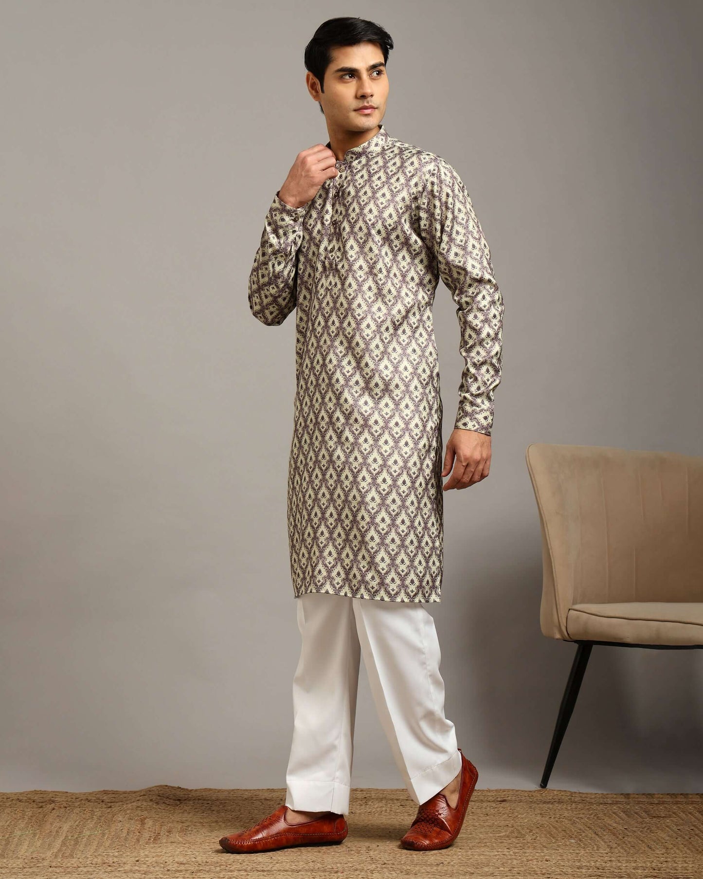 Sama Satin Printed Ivory Kurta for Men