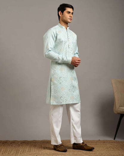 Ira Floral Embroidery Wedding Sky Blue Kurta for Men