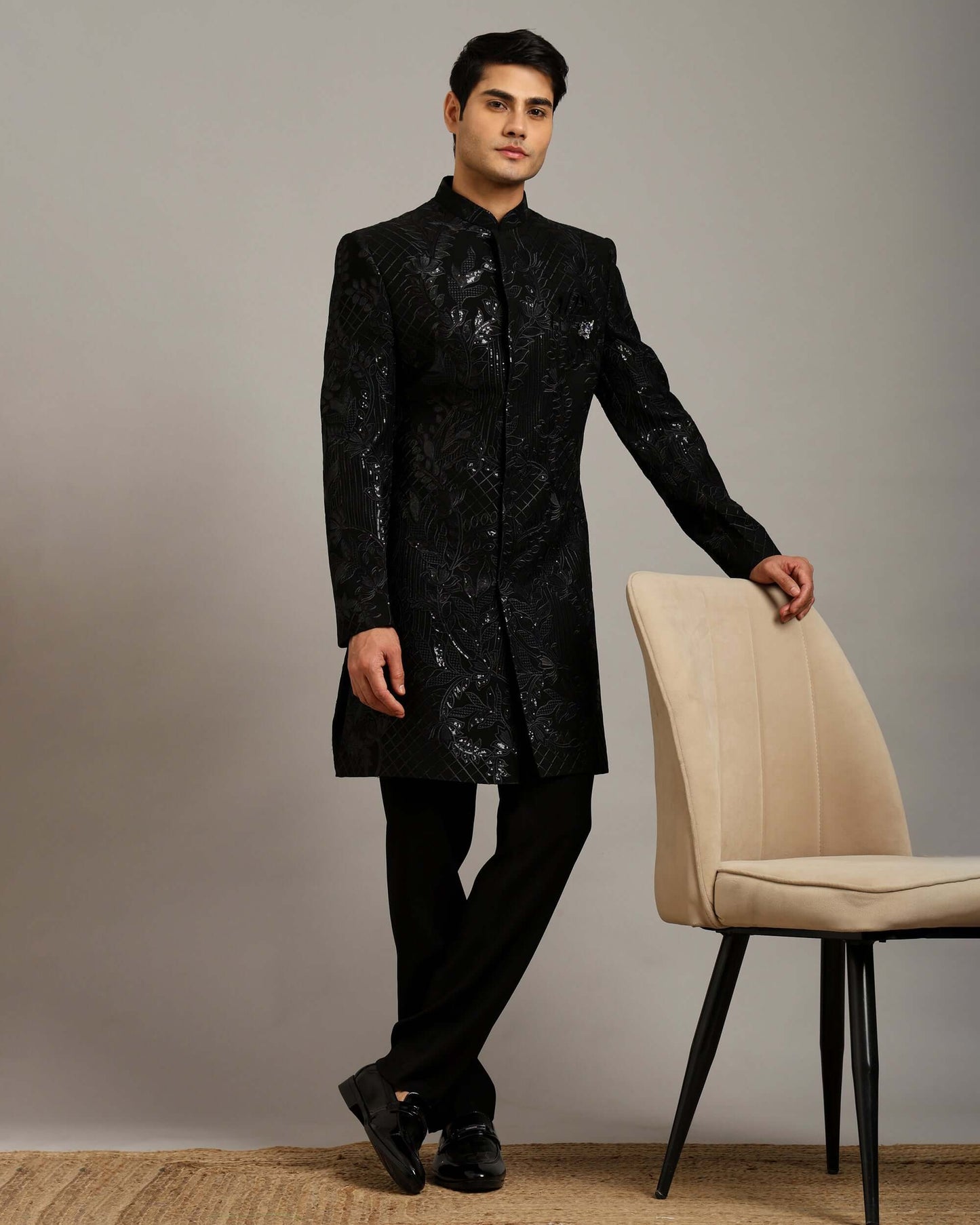 Kosha Textured Black Indo Western Dress for Men