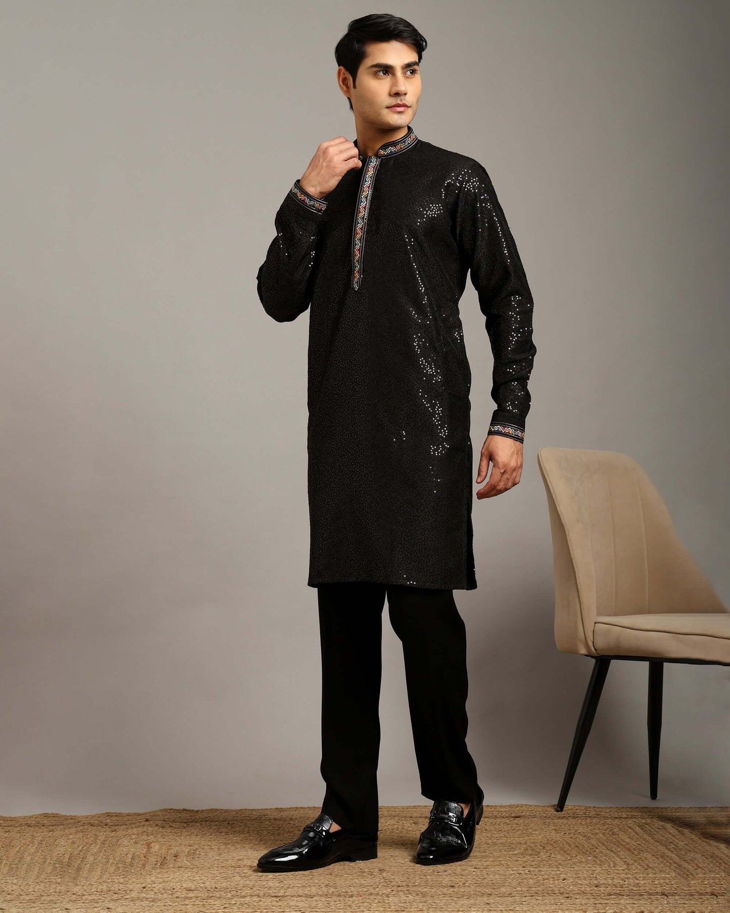 Crease India Zariya Sequin Embroidered Black Wedding Kurta for Men, perfect men’s kurta for wedding reception, cocktail party, sangeet night and Indian cultural event, worldwide delivery available.