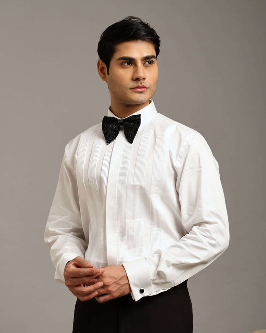 Open Pleat White Tuxedo Shirt for Men with Hidden Button Placket