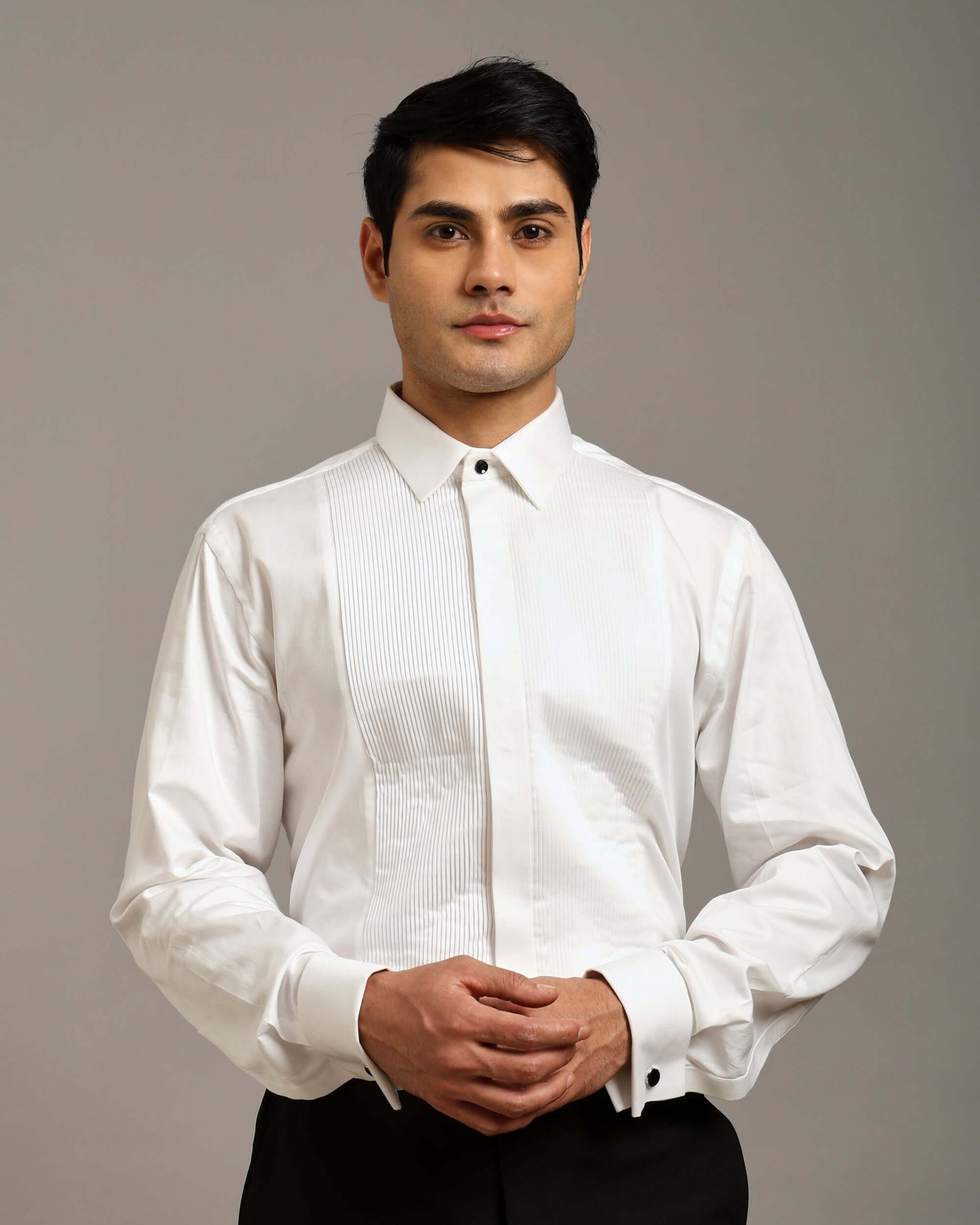 Wide Pintex White Tuxedo Shirt for Men with French Cuffs