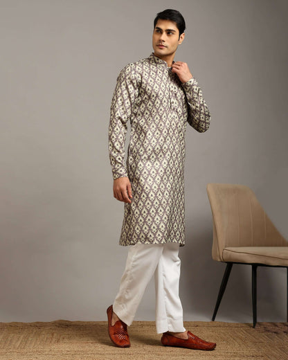 Sama Satin Printed Ivory Kurta for Men