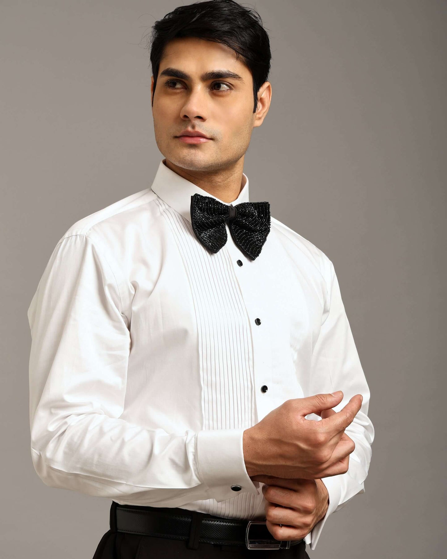 Classic Pintex White Tuxedo Shirt with Spread Collar and French Cuffs