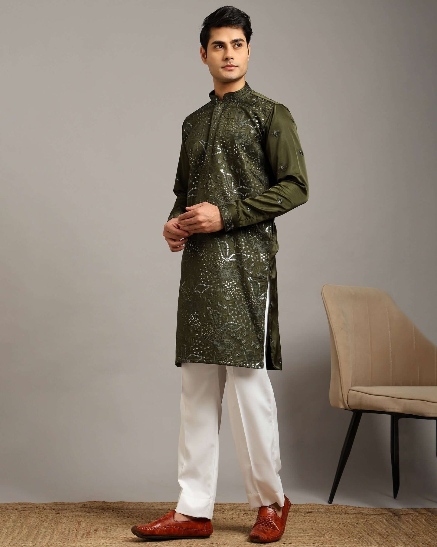 Ira Floral Embroidery Mehendi Forest Green Kurta for Men