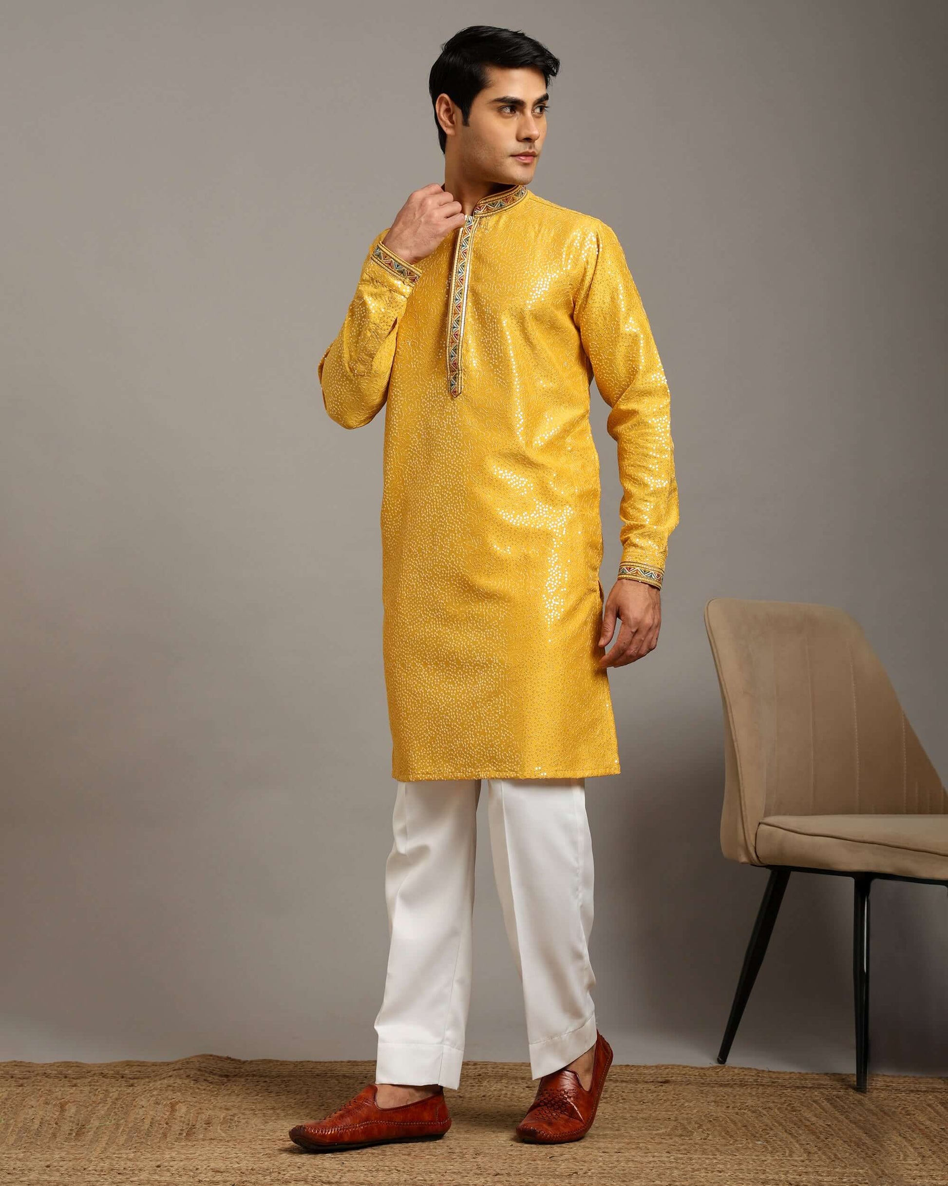 Crease India Zariya Sequin Embroidered Yellow Haldi Kurta for Men, perfect men’s kurta for haldi function, Indian day wedding, engagement ceremony and Indian cultural event, worldwide delivery available.