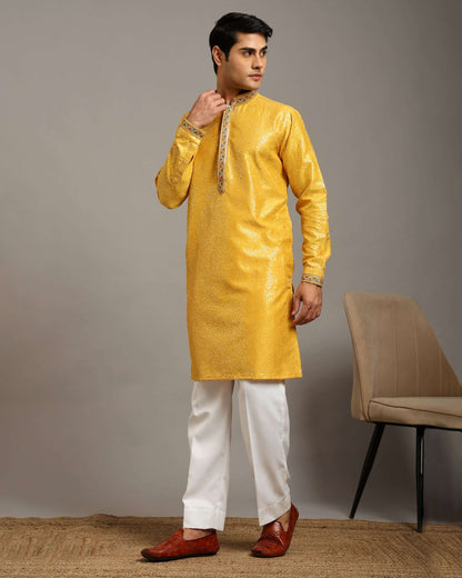 Crease India Zariya Sequin Embroidered Yellow Haldi Kurta for Men, perfect men’s kurta for haldi function, Indian day wedding, engagement ceremony and Indian cultural event, worldwide delivery available.