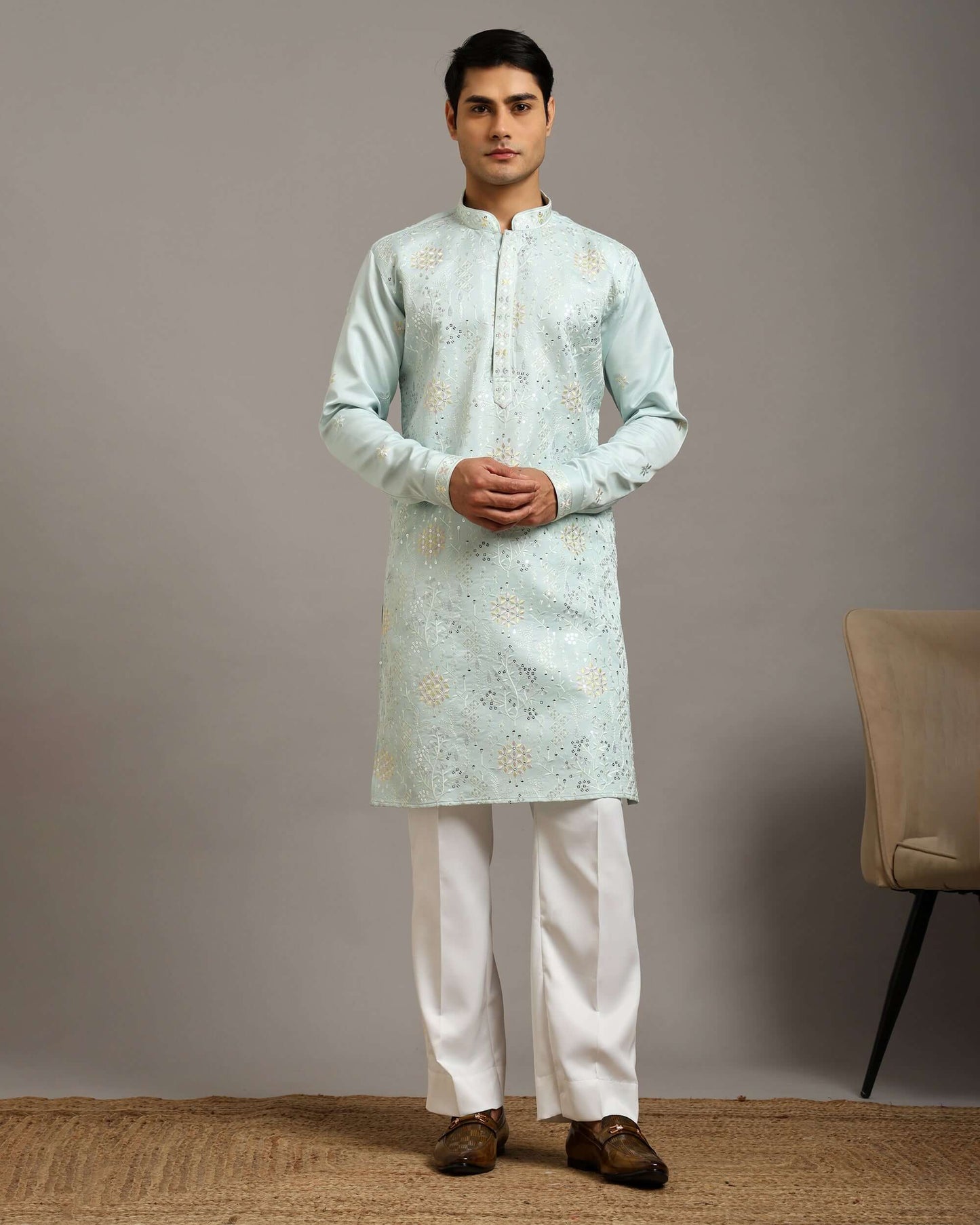 Ira Floral Embroidery Wedding Sky Blue Kurta for Men