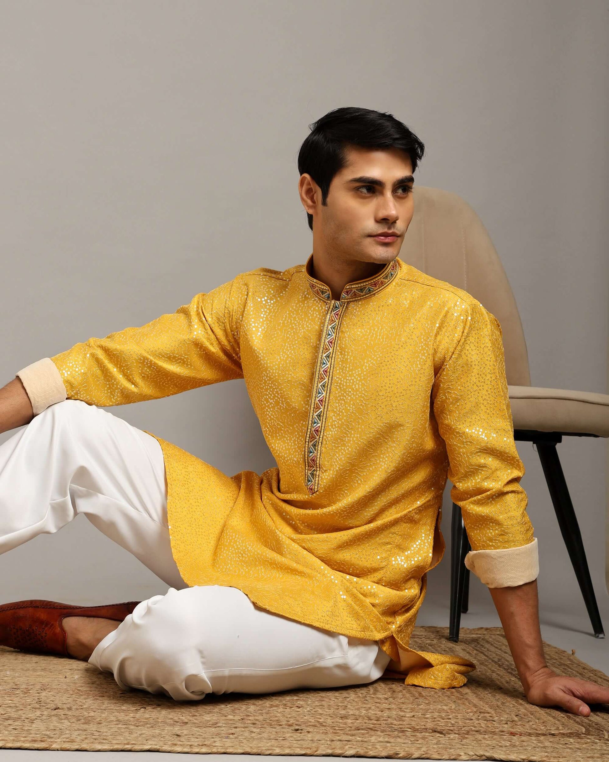 Crease India Zariya Sequin Embroidered Yellow Haldi Kurta for Men, perfect men’s kurta for haldi function, Indian day wedding, engagement ceremony and Indian cultural event, worldwide delivery available.