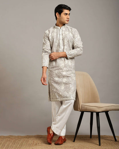 Silver Grey Floral Embroidered Georgette Wedding Kurta for Men