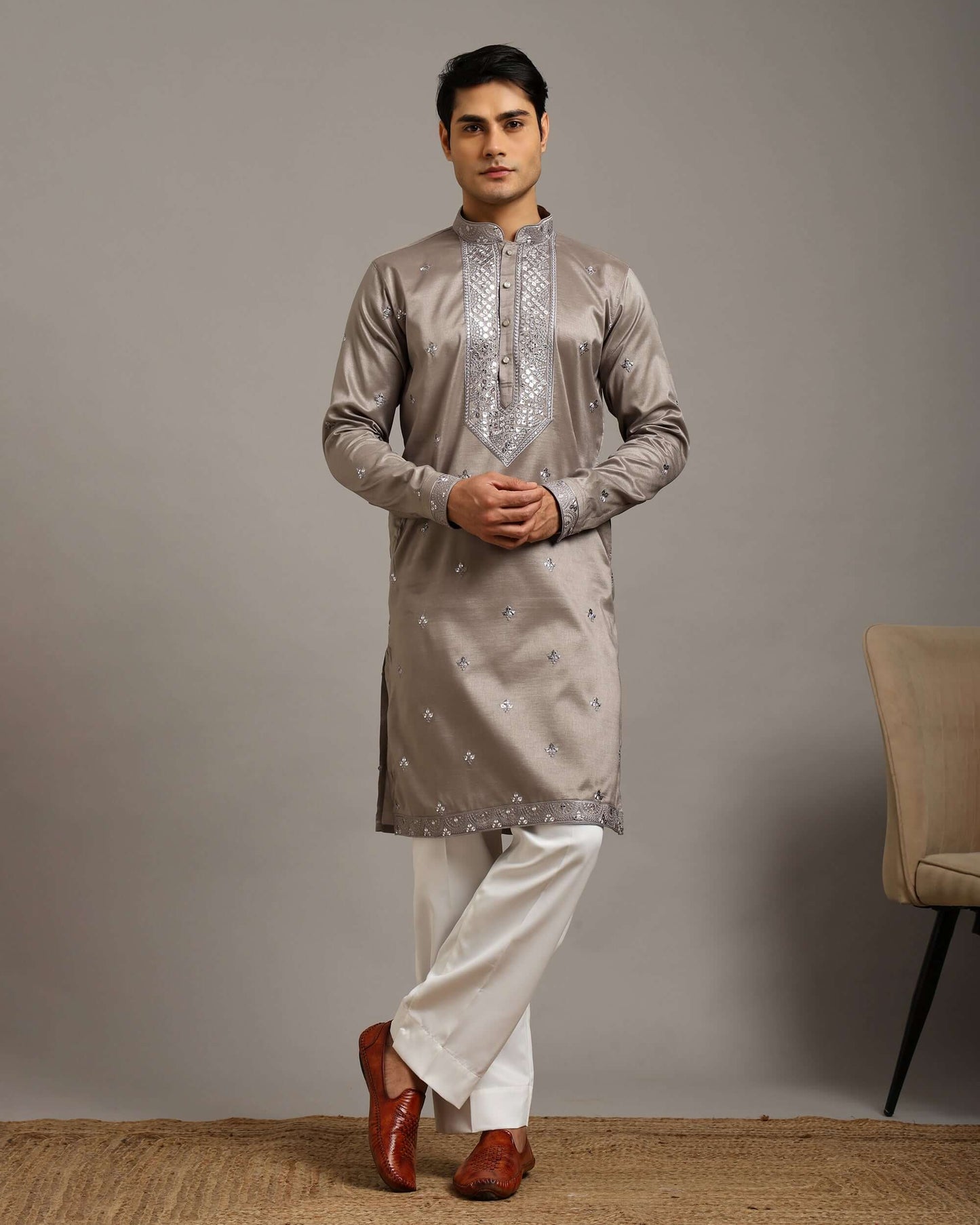 Noor Silver Grey Reception Kurta for Men with Embroidery Work