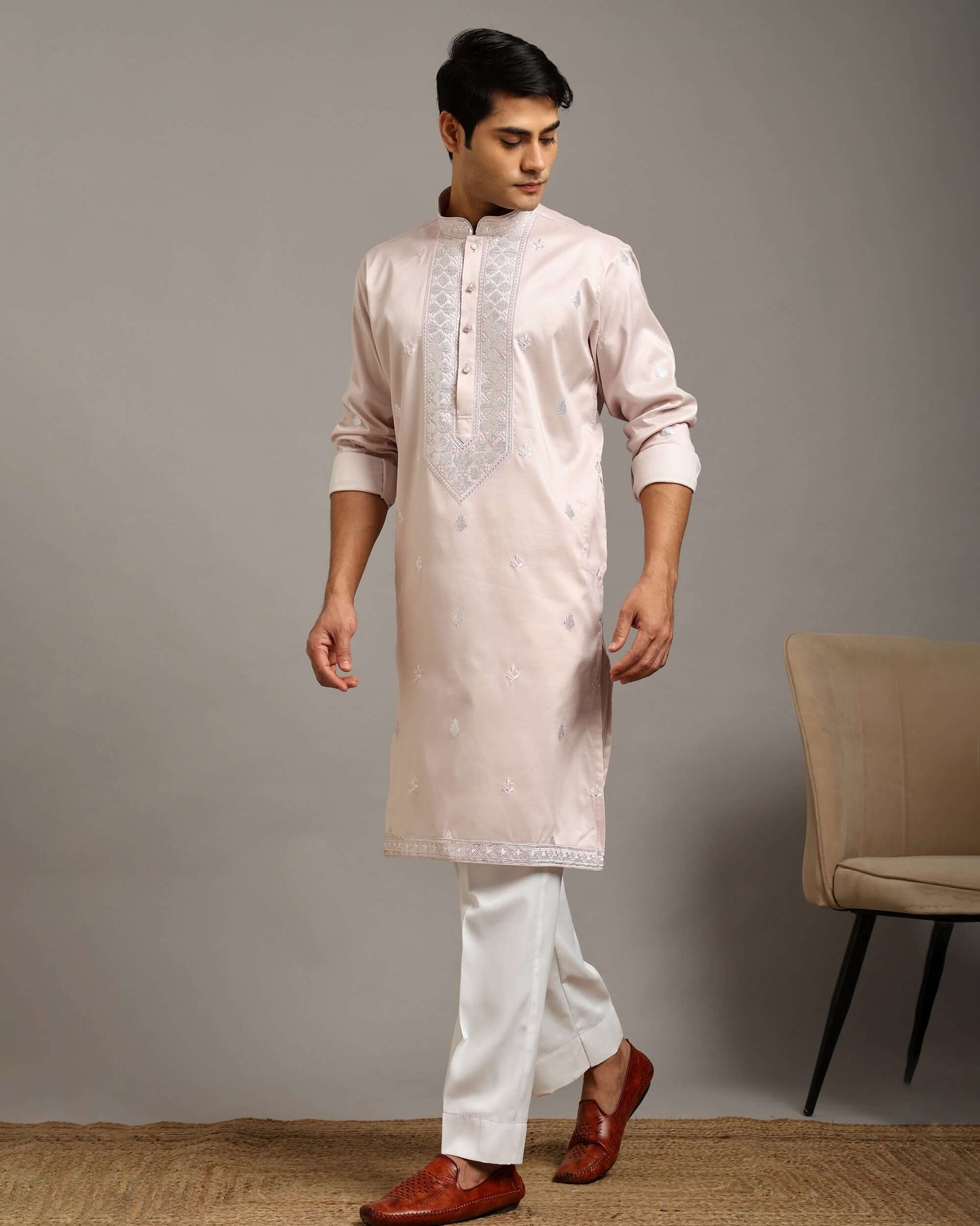 Noor Blush Pink Engagement Kurta for Men with Embroidery Work