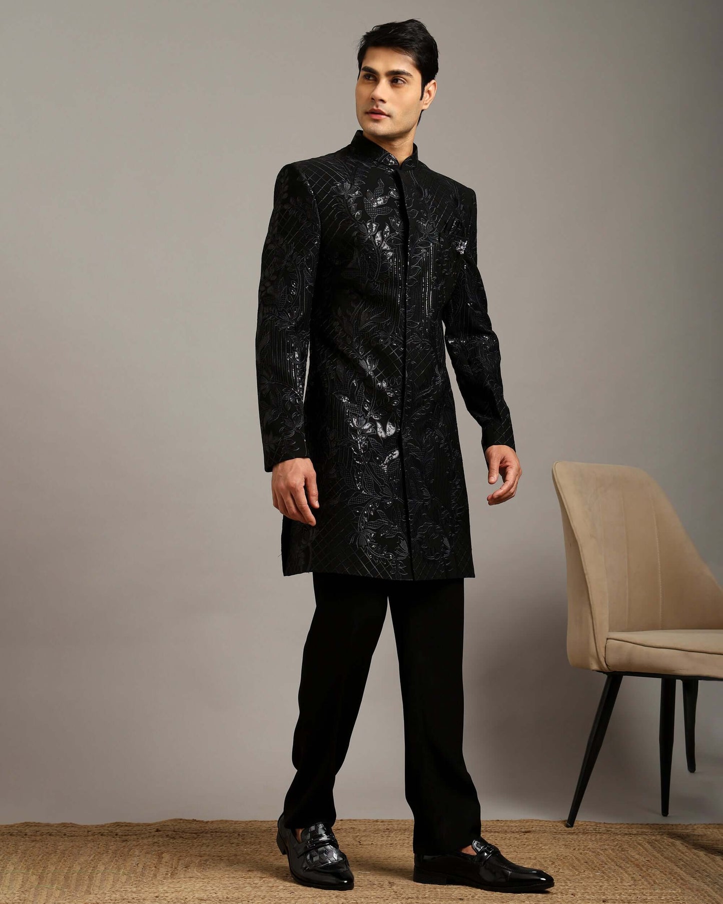 Kosha Textured Black Indo Western Dress for Men