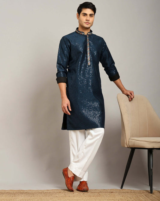 Crease India Zariya Sequin Embroidered Navy Blue Party Kurta for Men, perfect men’s kurta for cocktail party, wedding reception, sangeet night and Indian cultural event, worldwide delivery available.