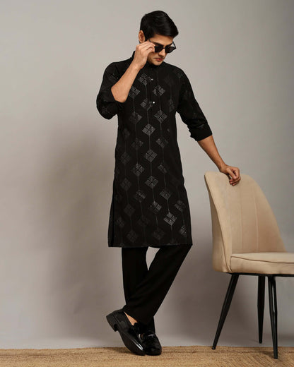 Aarv Printed Black Sangeet Kurta for Men