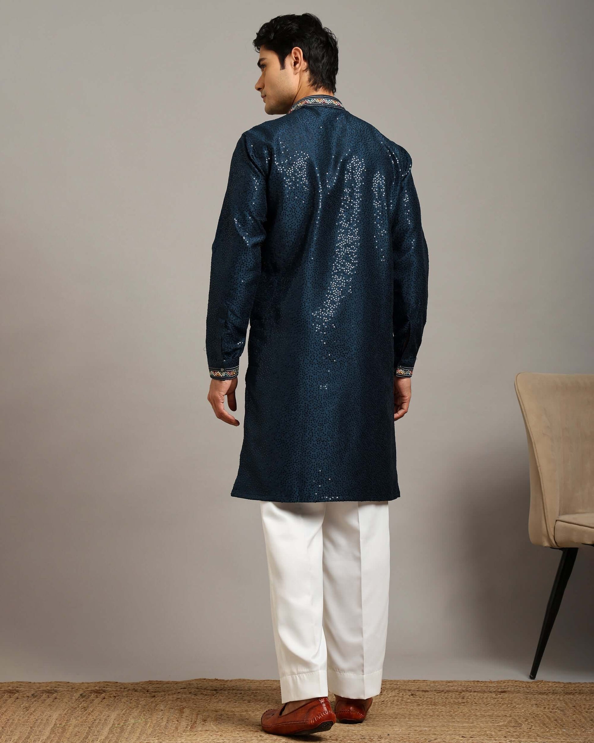 Crease India Zariya Sequin Embroidered Navy Blue Party Kurta for Men, perfect men’s kurta for cocktail party, wedding reception, sangeet night and Indian cultural event, worldwide delivery available.
