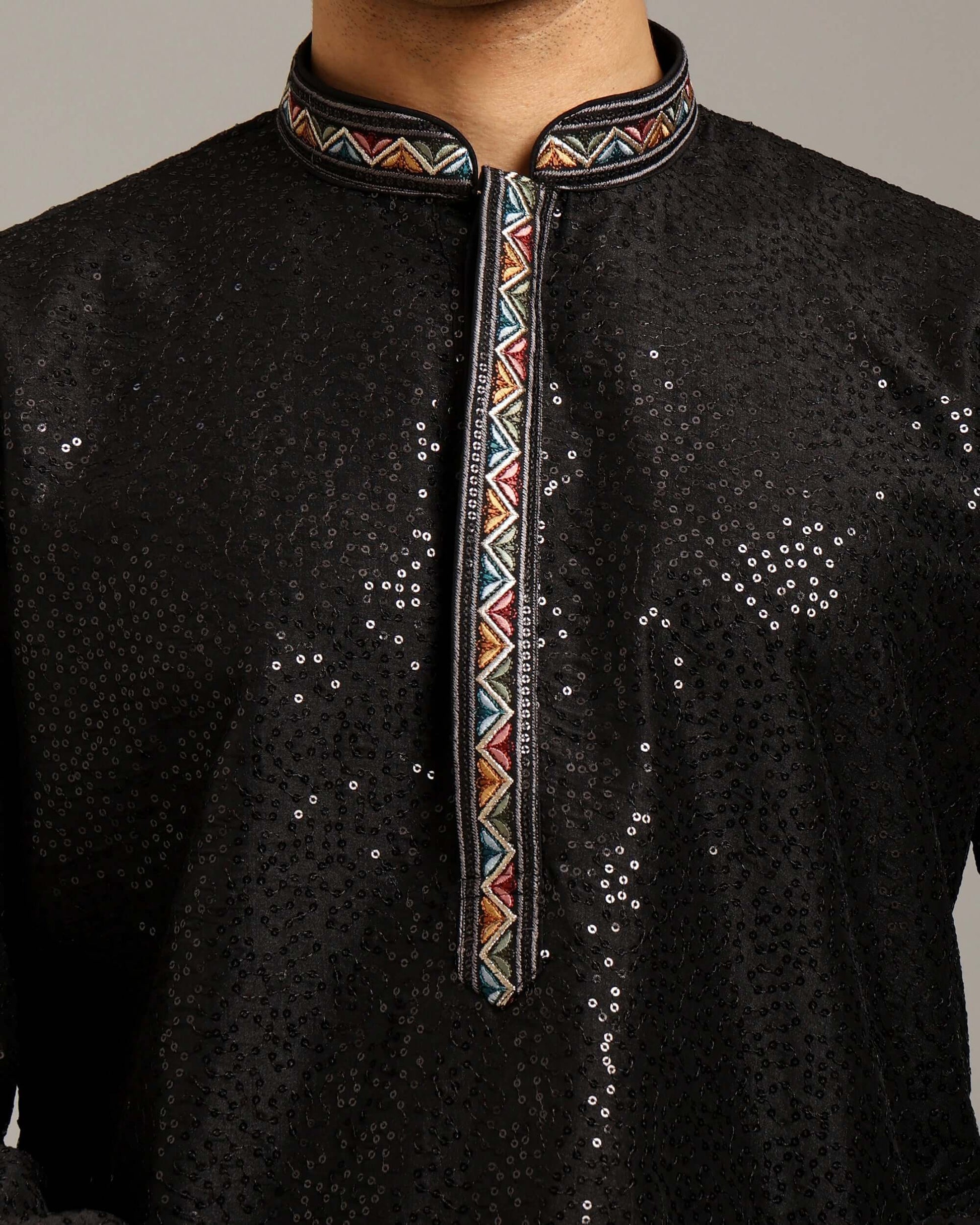 Crease India Zariya Sequin Embroidered Black Wedding Kurta for Men, perfect men’s kurta for wedding reception, cocktail party, sangeet night and Indian cultural event, worldwide delivery available.