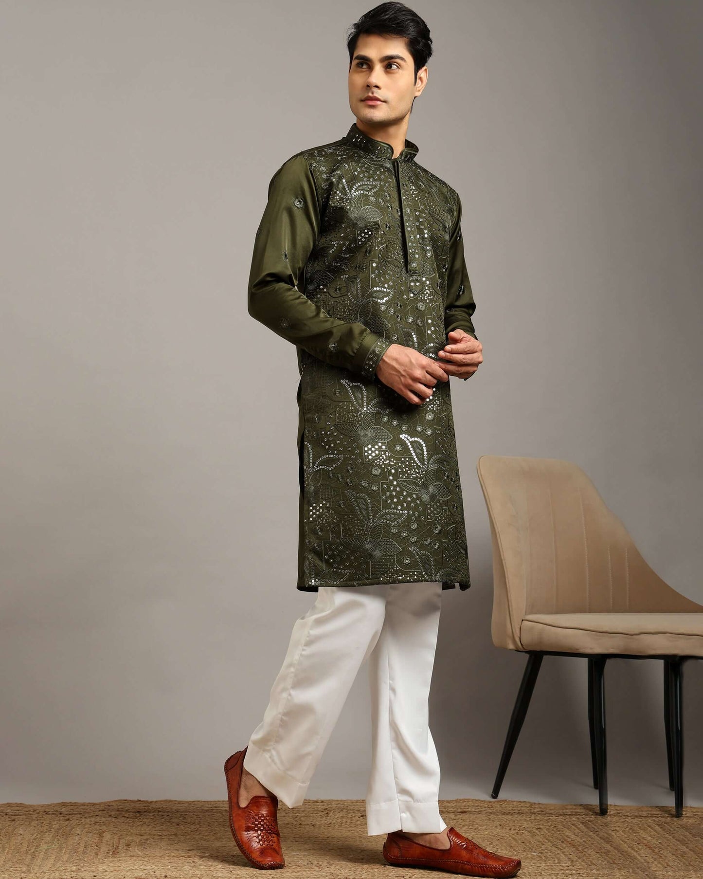 Ira Floral Embroidery Mehendi Forest Green Kurta for Men