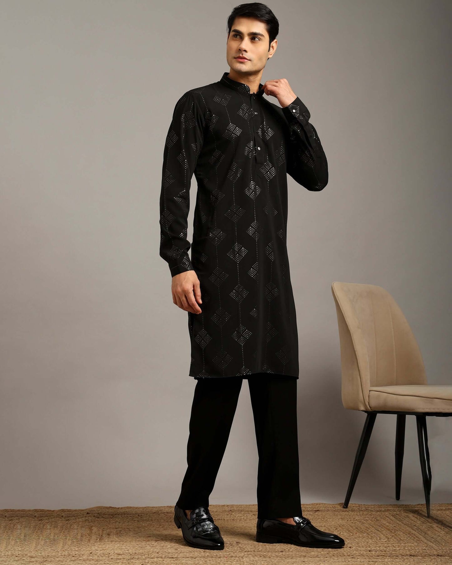 Aarv Printed Black Sangeet Kurta for Men