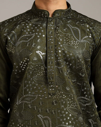 Ira Floral Embroidery Mehendi Forest Green Kurta for Men