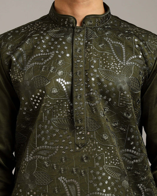 Ira Floral Embroidery Mehendi Forest Green Kurta for Men