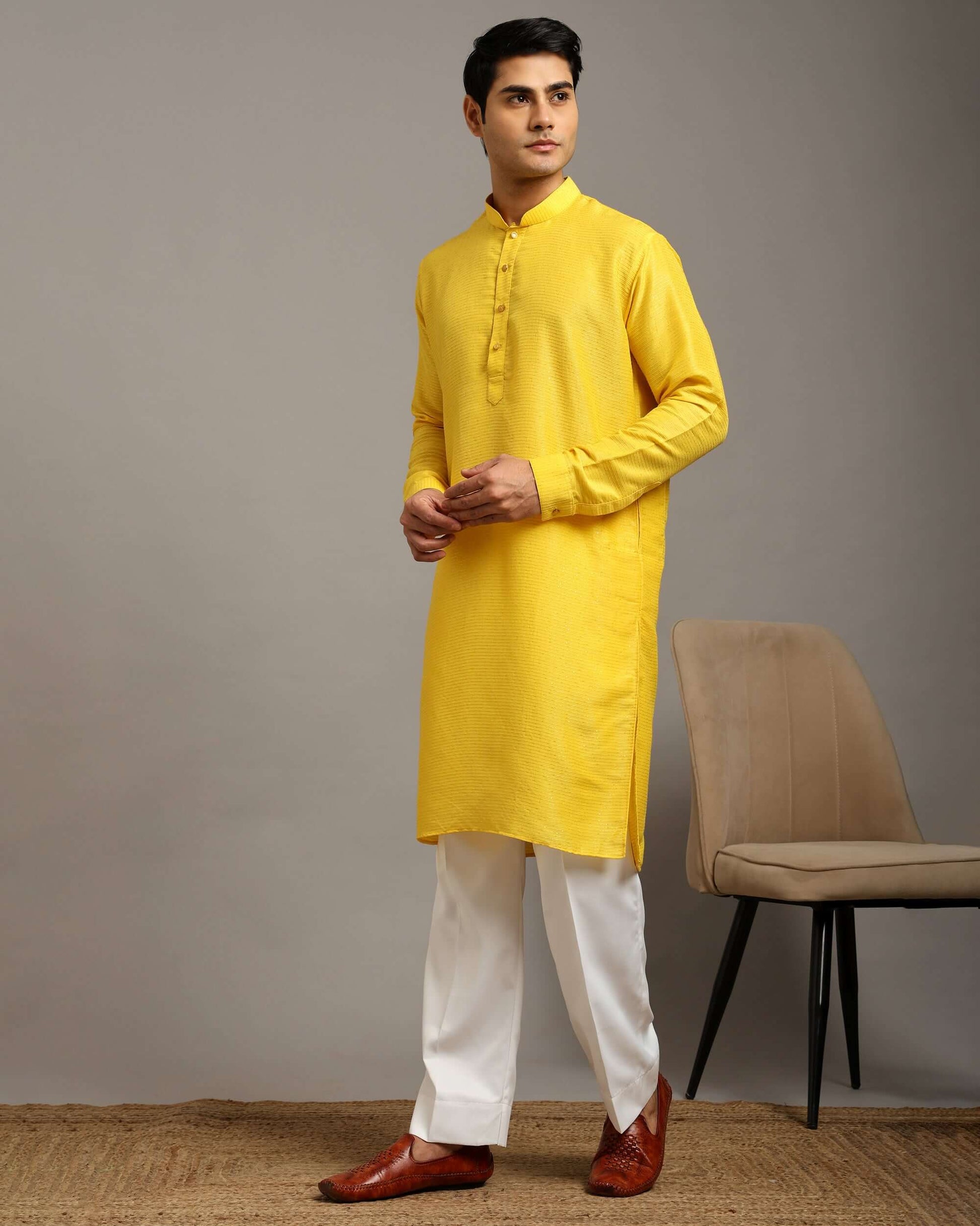 Crease India Pratha Sequin Embroidery Work Yellow Haldi Kurta for Men, perfect men’s kurta for haldi function, Indian day wedding, religious ceremony and Indian cultural event, worldwide delivery available.