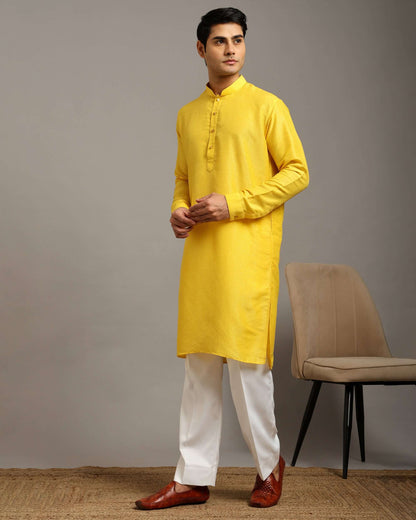 Crease India Pratha Sequin Embroidery Work Yellow Haldi Kurta for Men, perfect men’s kurta for haldi function, Indian day wedding, religious ceremony and Indian cultural event, worldwide delivery available.
