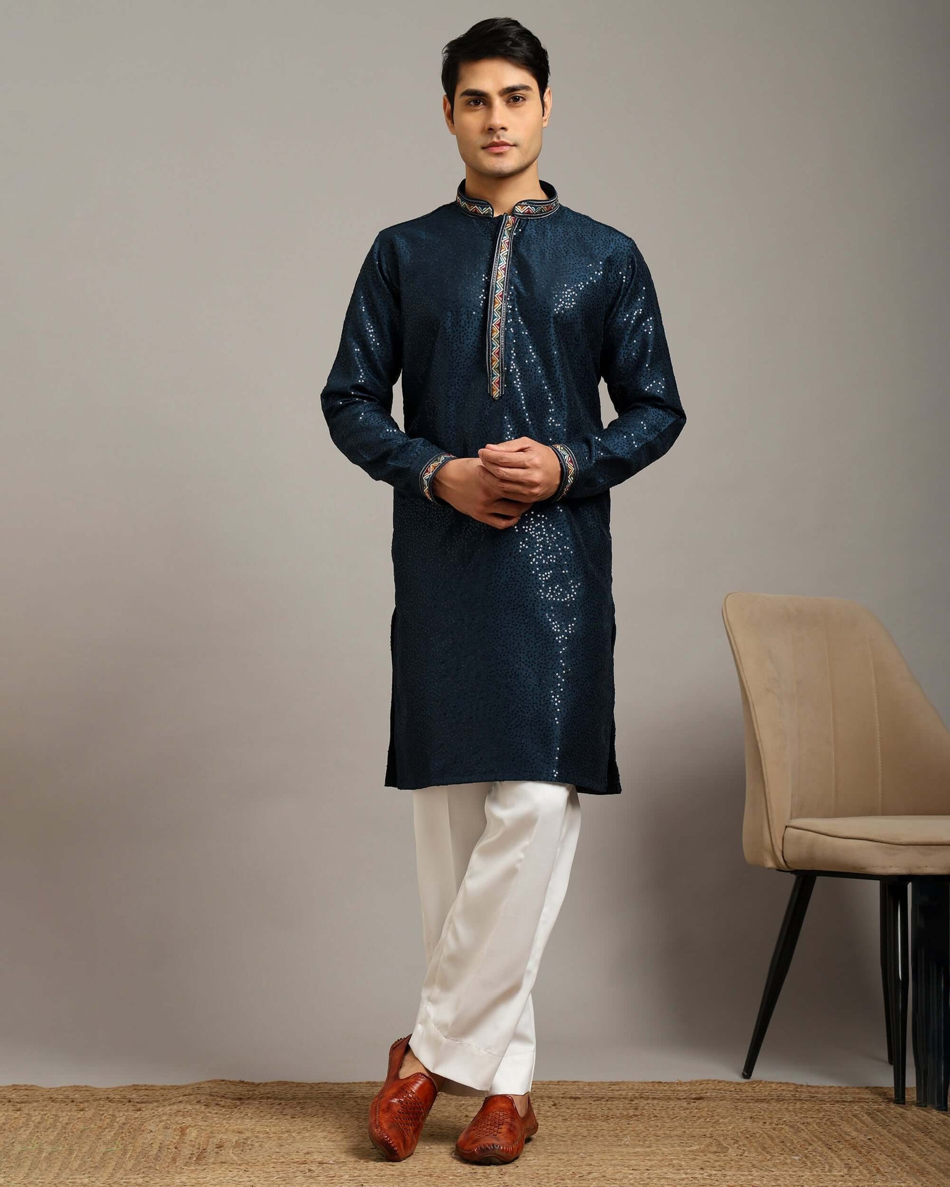 Crease India Zariya Sequin Embroidered Navy Blue Party Kurta for Men, perfect men’s kurta for cocktail party, wedding reception, sangeet night and Indian cultural event, worldwide delivery available.