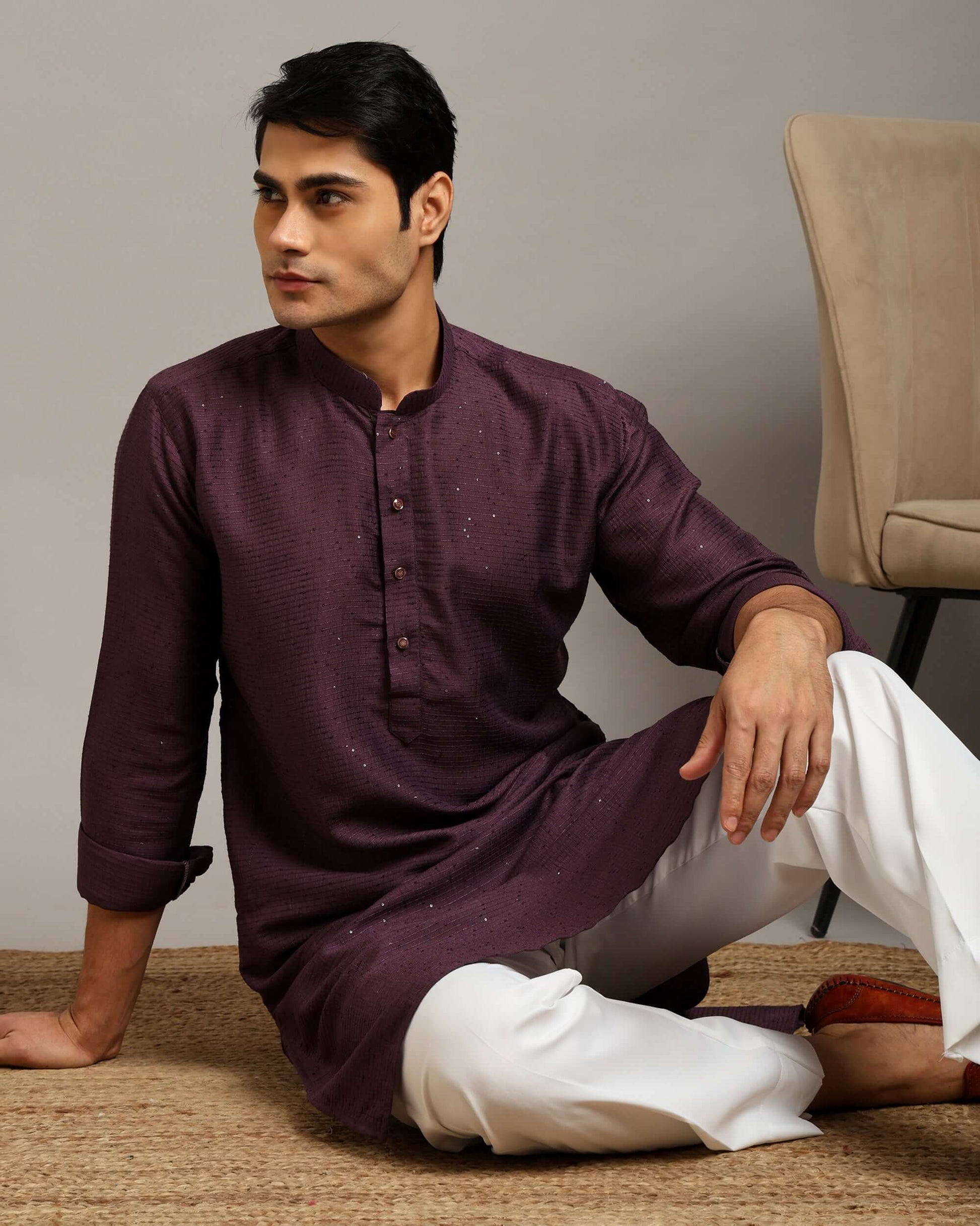 Crease India Pratha Sequin Embroidery Work Wine Wedding Kurta for Men, perfect men’s kurta for wedding reception, sangeet night, engagement ceremony and Indian cultural event, worldwide delivery available.