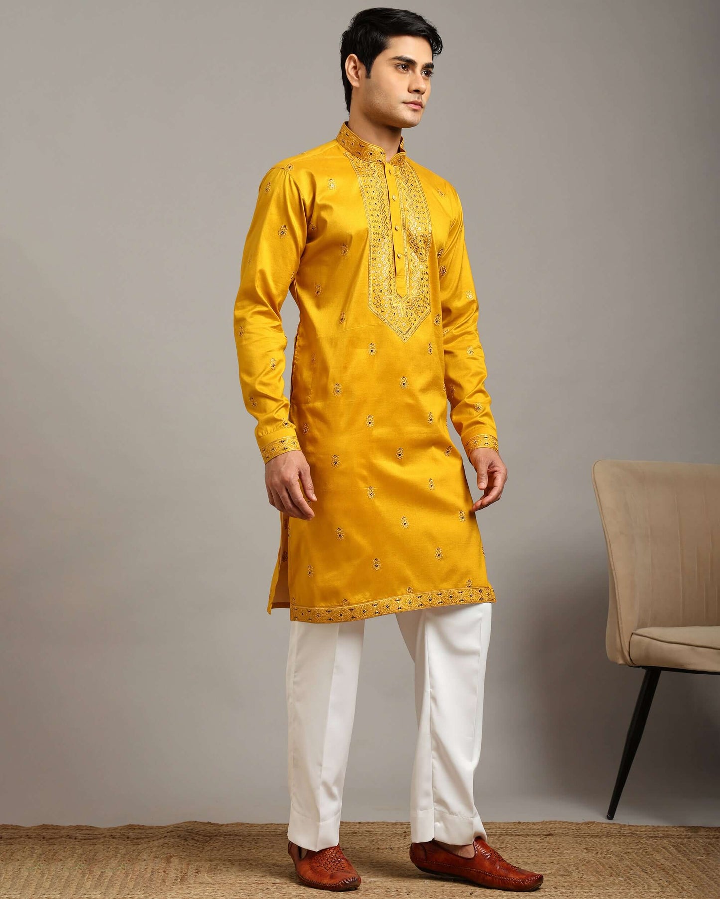 Noor Yellow Haldi Kurta for Men with Embroidery Work