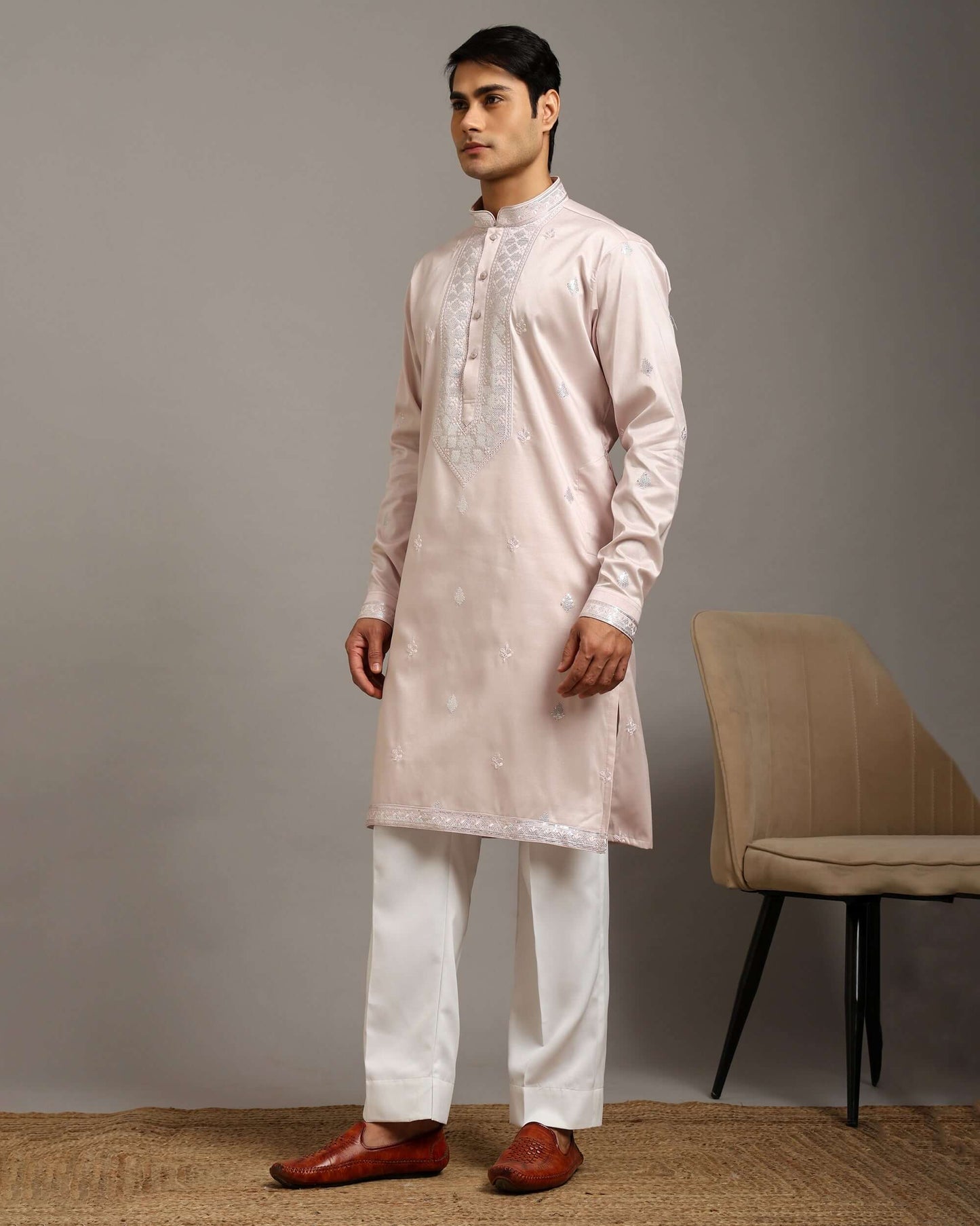 Noor Blush Pink Engagement Kurta for Men with Embroidery Work
