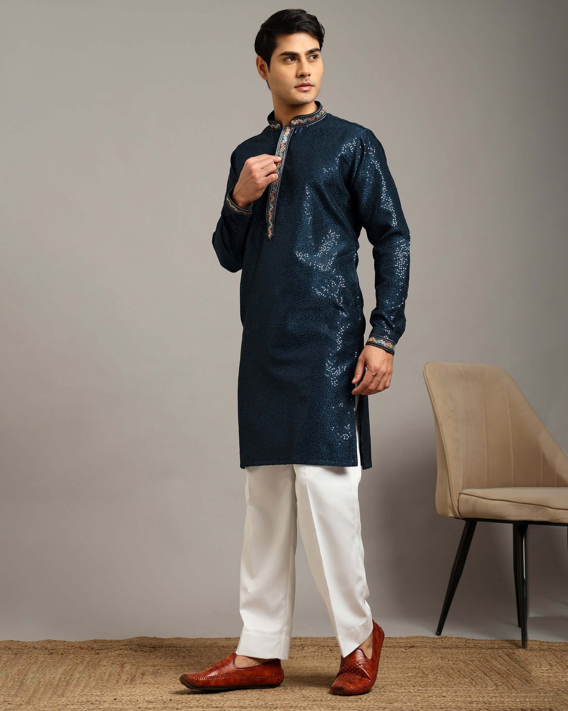 Crease India Zariya Sequin Embroidered Navy Blue Party Kurta for Men, perfect men’s kurta for cocktail party, wedding reception, sangeet night and Indian cultural event, worldwide delivery available.