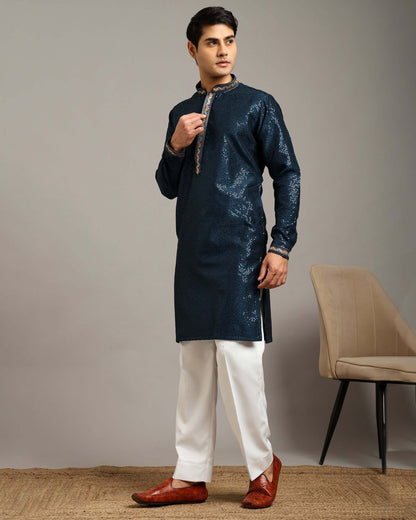 Crease India Zariya Sequin Embroidered Navy Blue Party Kurta for Men, perfect men’s kurta for cocktail party, wedding reception, sangeet night and Indian cultural event, worldwide delivery available.