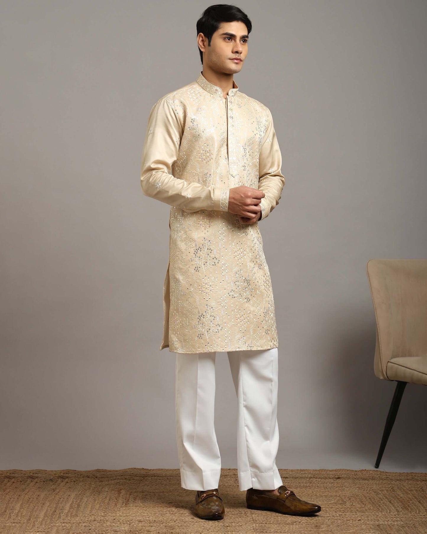 Ira Floral Embroidery Engagement Champagne Kurta for Men