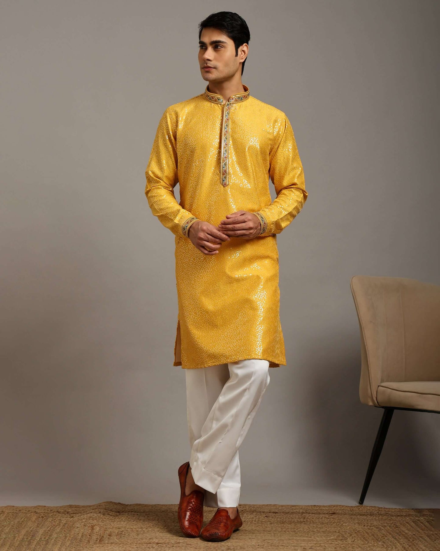 Crease India Zariya Sequin Embroidered Yellow Haldi Kurta for Men, perfect men’s kurta for haldi function, Indian day wedding, engagement ceremony and Indian cultural event, worldwide delivery available.