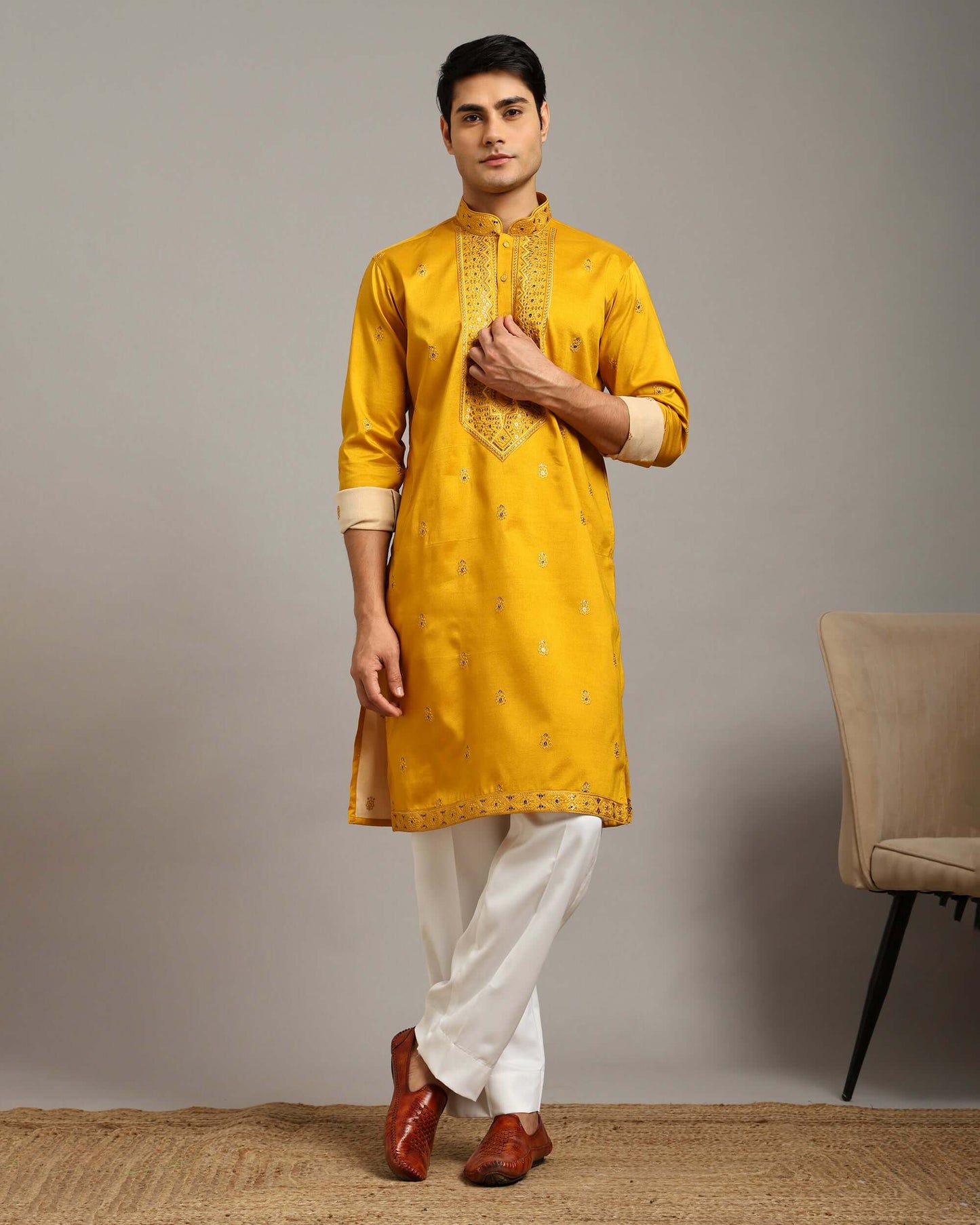 Noor Yellow Haldi Kurta for Men with Embroidery Work