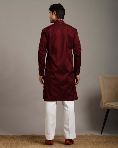 Noor Wine Wedding Kurta for Men with Embroidery Work