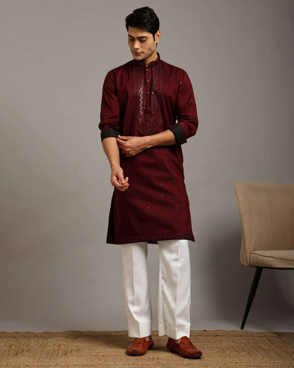 Noor Wine Wedding Kurta for Men with Embroidery Work