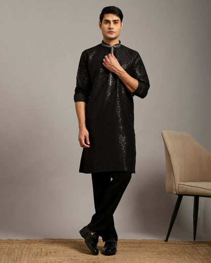 Crease India Zariya Sequin Embroidered Black Wedding Kurta for Men, perfect men’s kurta for wedding reception, cocktail party, sangeet night and Indian cultural event, worldwide delivery available.