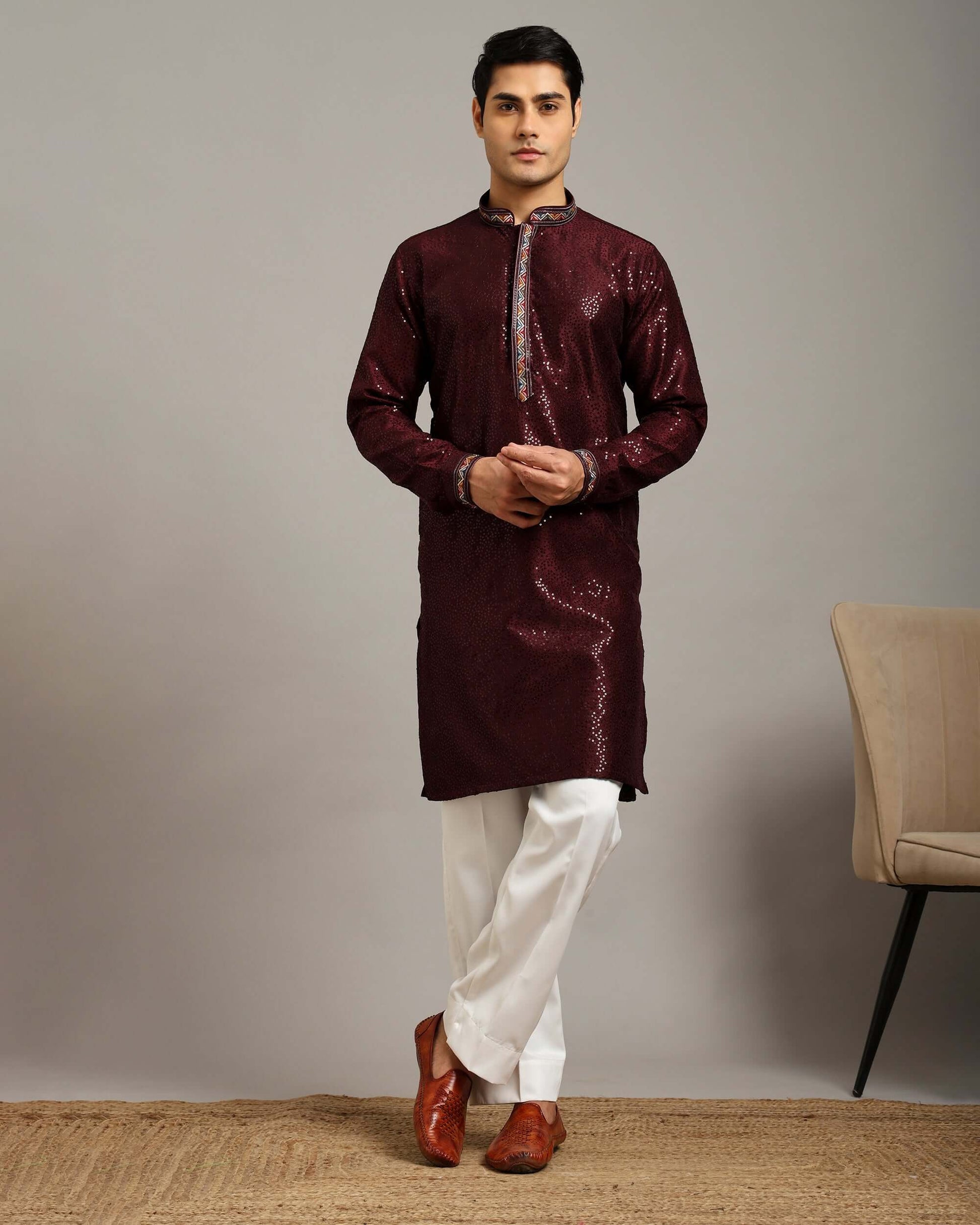 Crease India Zariya Sequin Embroidered Maroon Sangeet Kurta for Men, perfect men’s kurta for sangeet night, wedding reception, cocktail party and Indian cultural event, worldwide delivery available.