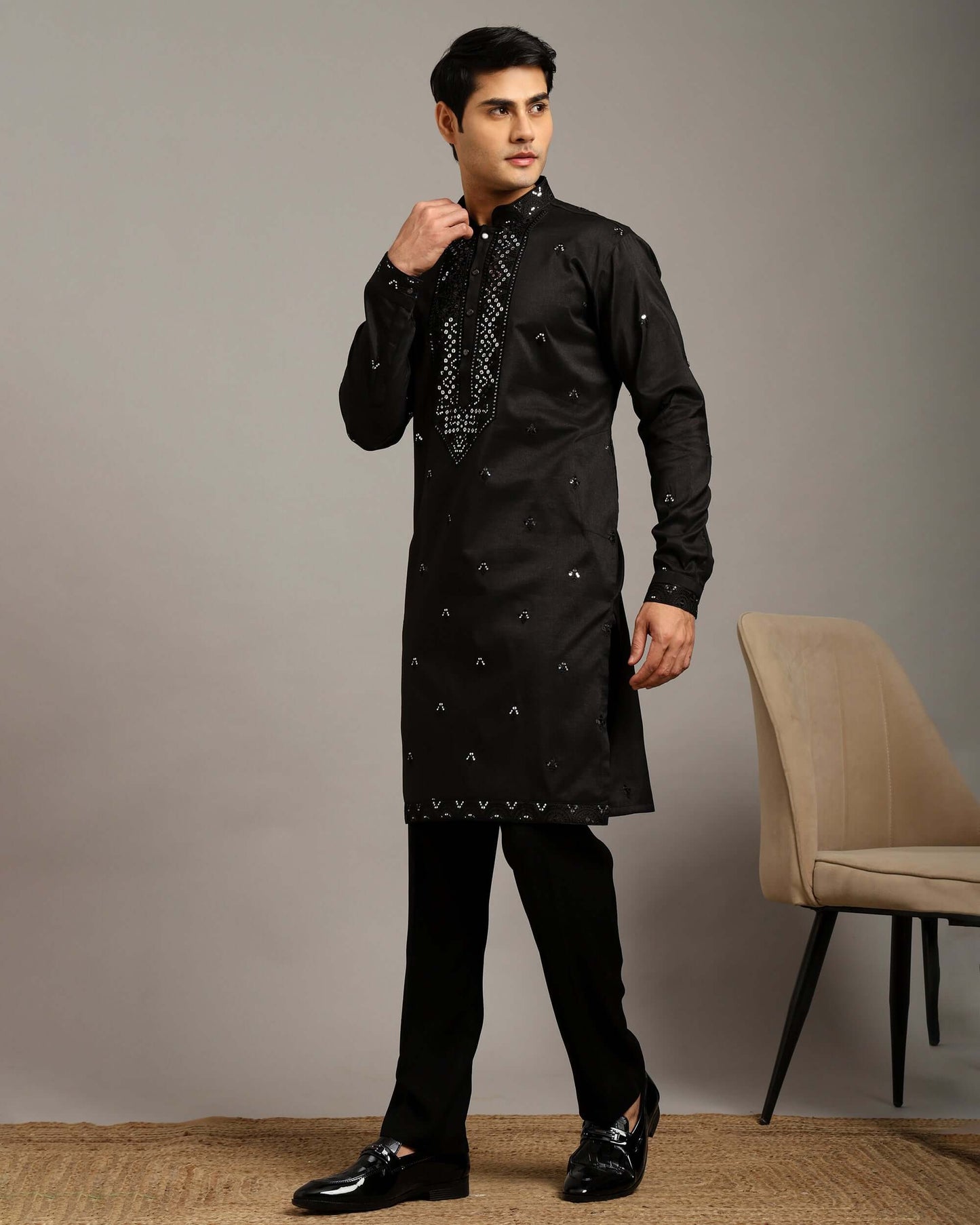 Noor Black Cocktail Kurta for Men with Embroidery Work