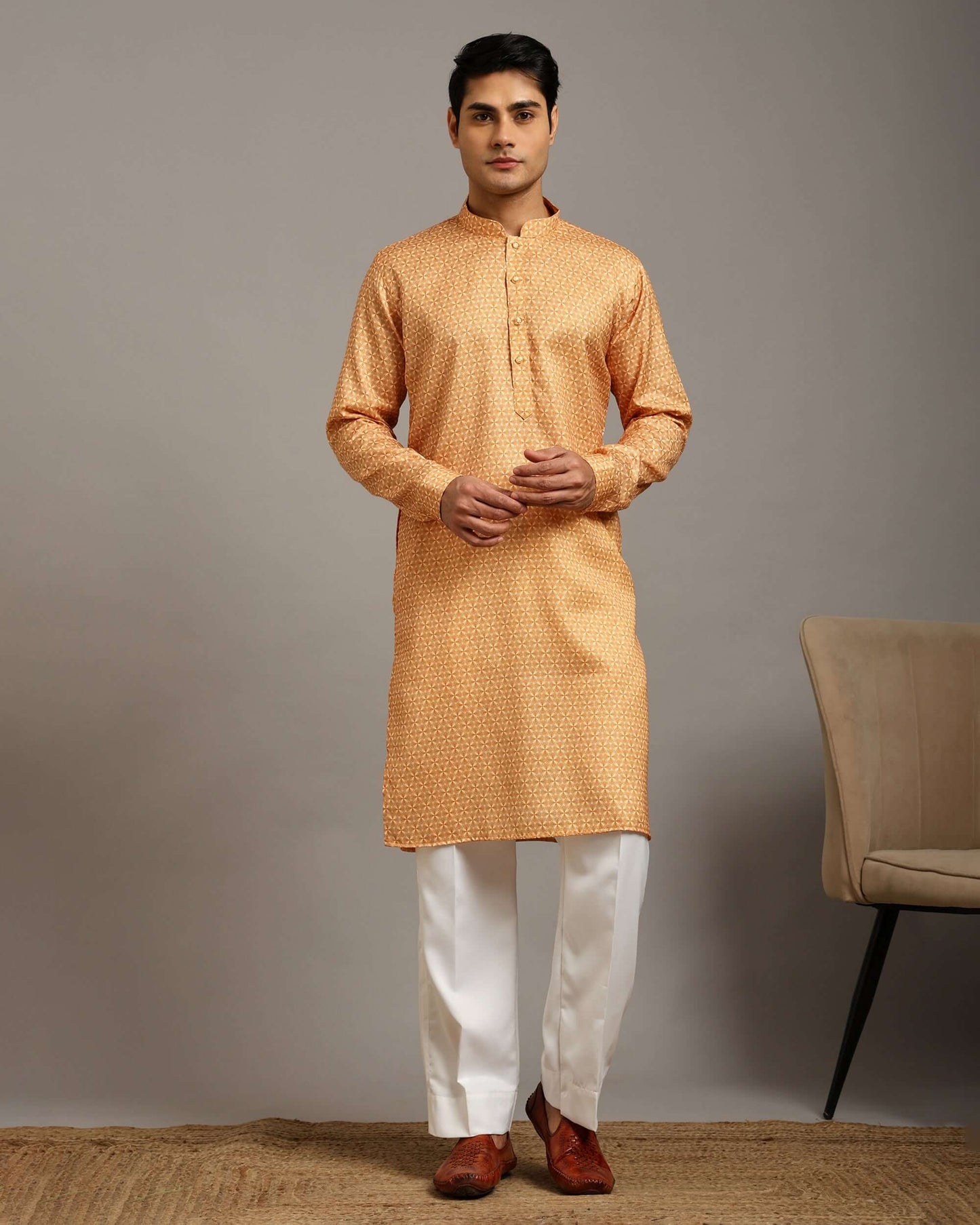 Sama Satin Printed Yellow Kurta for Men