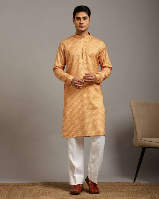 Sama Satin Printed Yellow Kurta for Men