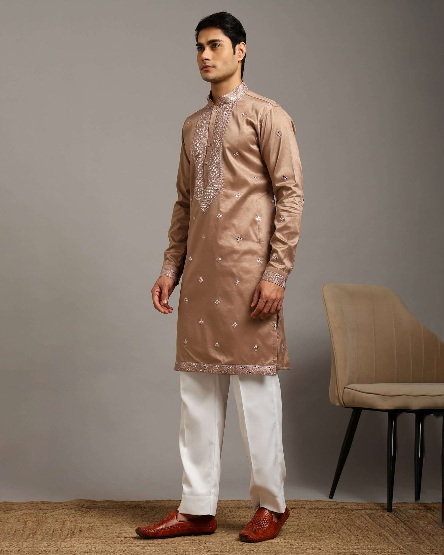 Noor Champagne Gold Kurta for Men with Embroidery Work
