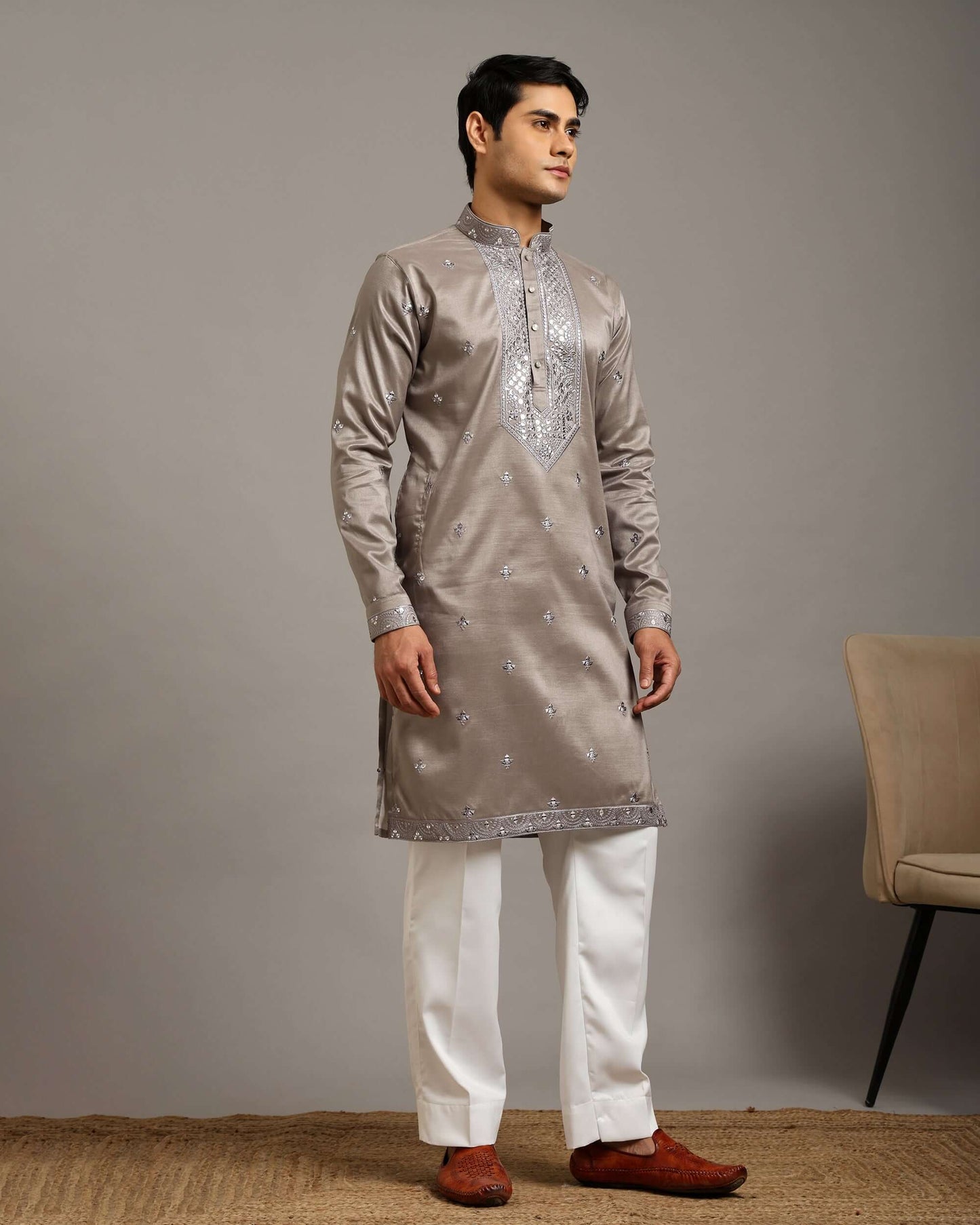Noor Silver Grey Reception Kurta for Men with Embroidery Work