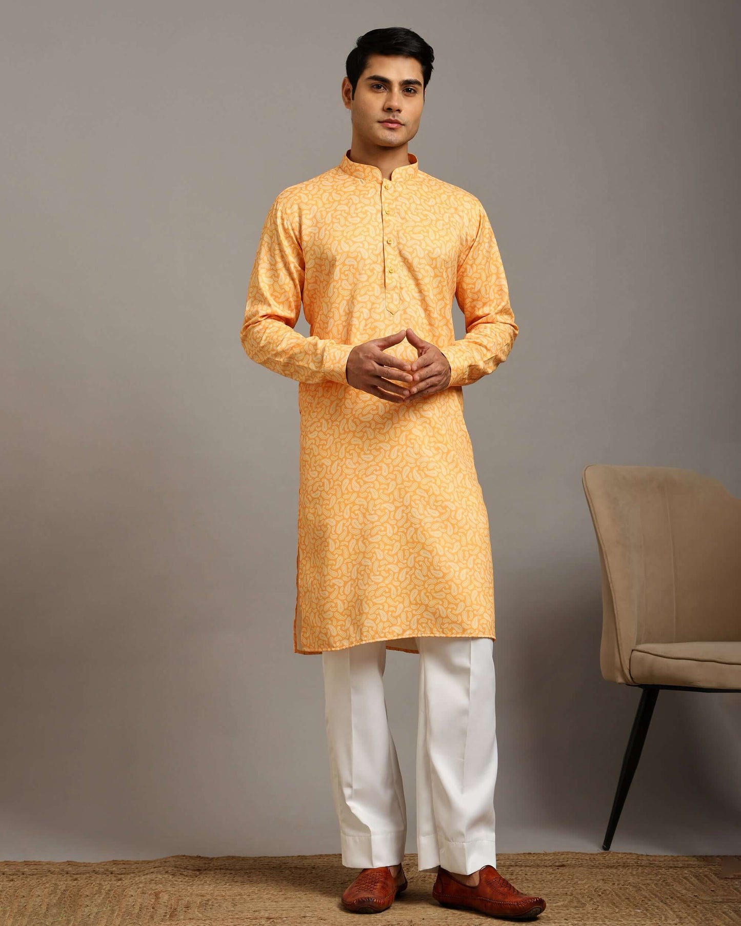 Sama Satin Printed Mustard Yellow Kurta for Men