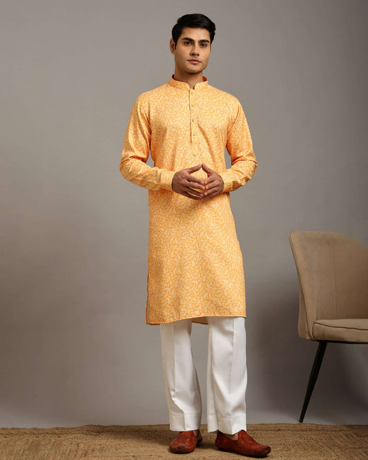 Sama Satin Printed Mustard Yellow Kurta for Men