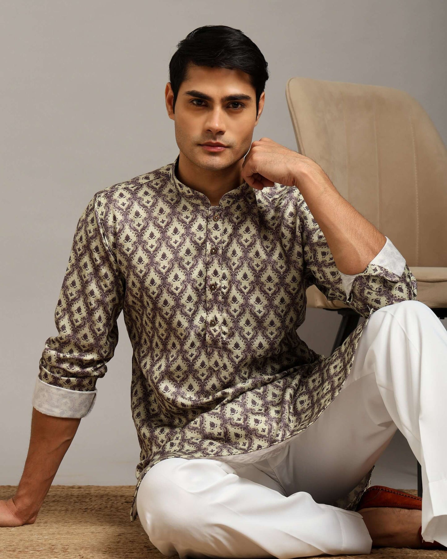 Sama Satin Printed Ivory Kurta for Men