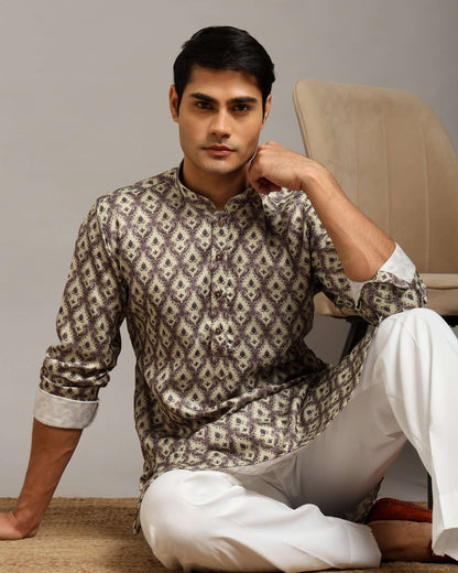 Sama Satin Printed Ivory Kurta for Men