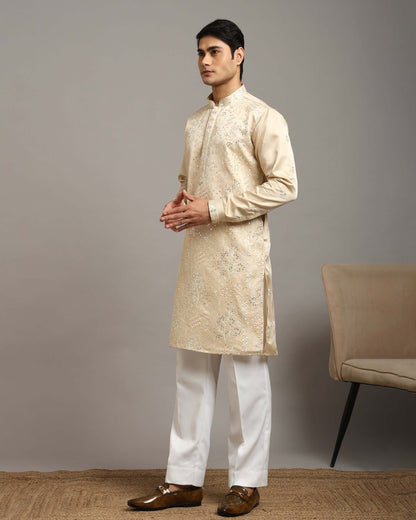 Ira Floral Embroidery Engagement Champagne Kurta for Men